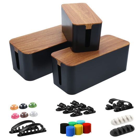 Cable Management Box Set - 3 Pack Large & Medium & Small Wooden Style Cable Organizer Box Desk Computer Cord Organizer Box with Cable Clips to Hide Wires and Power Strips (Black) - Smart Home Gadget | Snappy Home